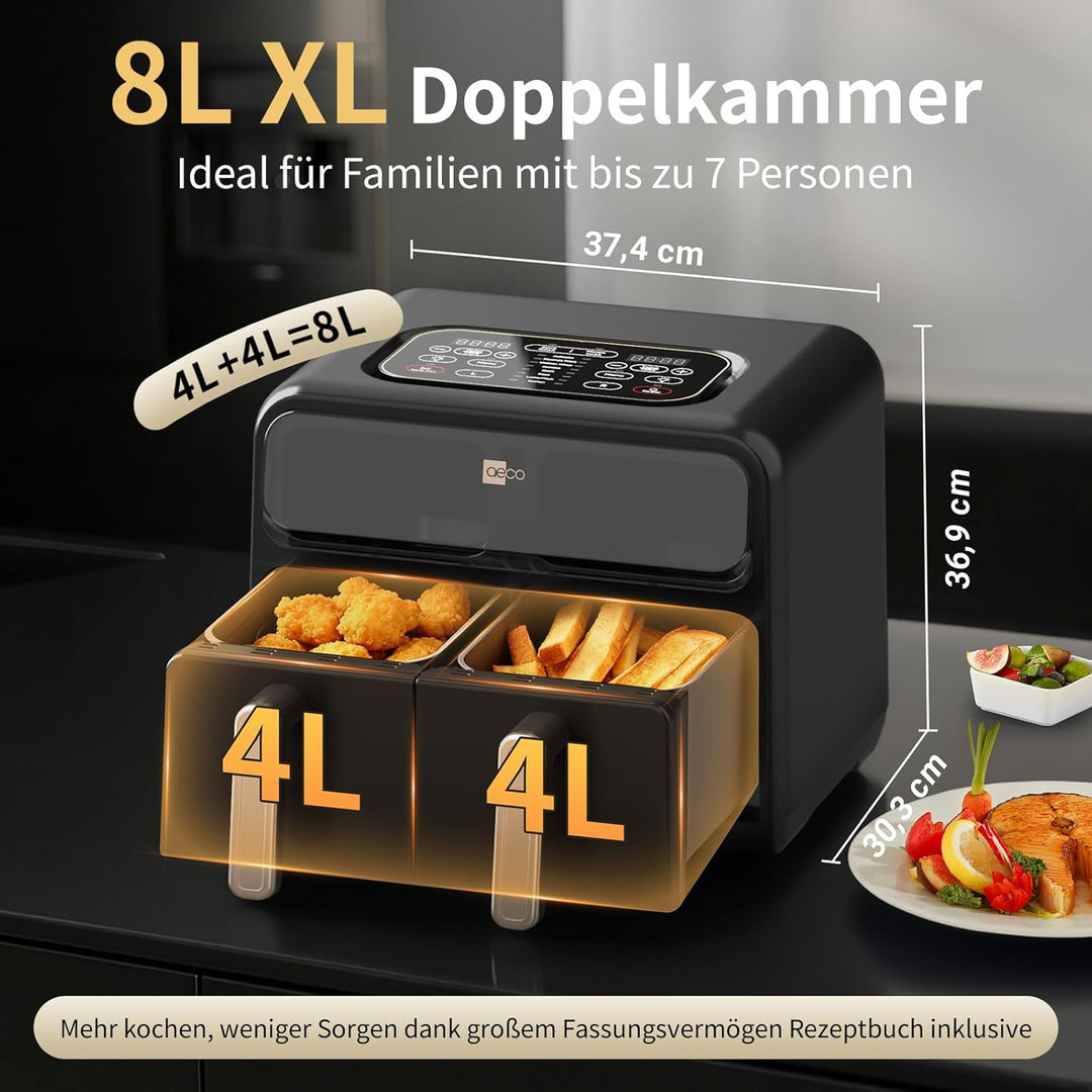 aeco FryQ ELITE Duo XL8 Heissluftfritteuse2 Kammern | Dual Zone Airfryer 8L gesamt | Mit Sichtfenste