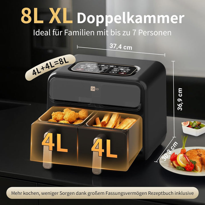 aeco FryQ ELITE Duo XL8 Heissluftfritteuse2 Kammern | Dual Zone Airfryer 8L gesamt | Mit Sichtfenste