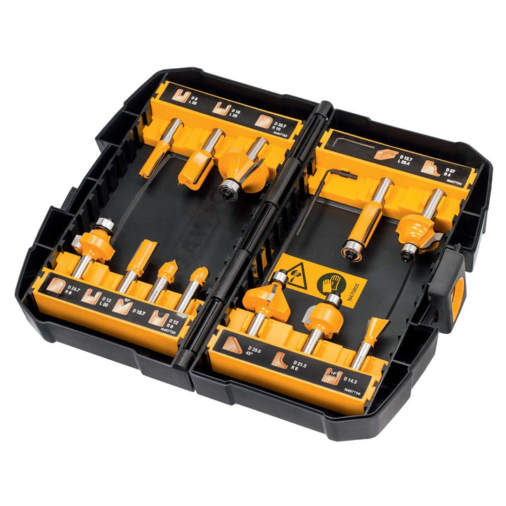 DeWalt 12-tlg. Hartmetall Fräser-Set (mit Anti Kickback Design, Premium Stahlkörper, HM Schneidplatt