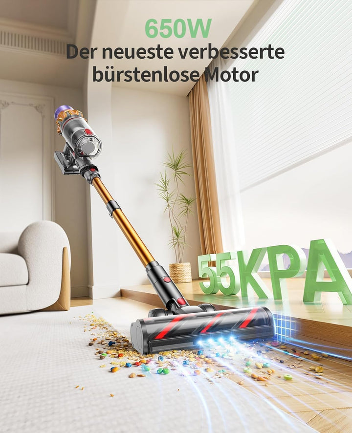 SunSare Akku Staubsauger 600W/50000Pa/65Min, Staubsauger Kabellos mit Smart Display und Ladestation,