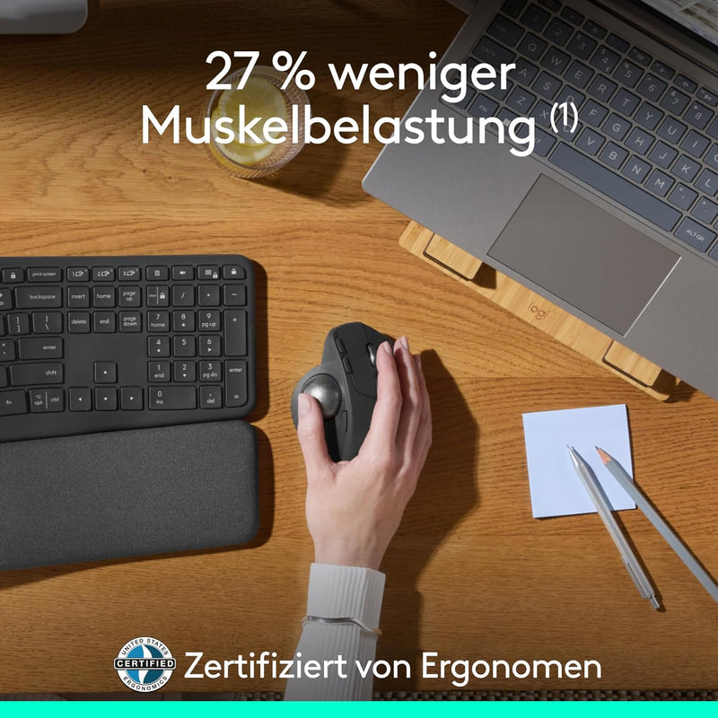 Logitech MX Ergo S Advanced kabellose Trackball-Maus, über USB-C wiederaufladbare kabellose ergonomi