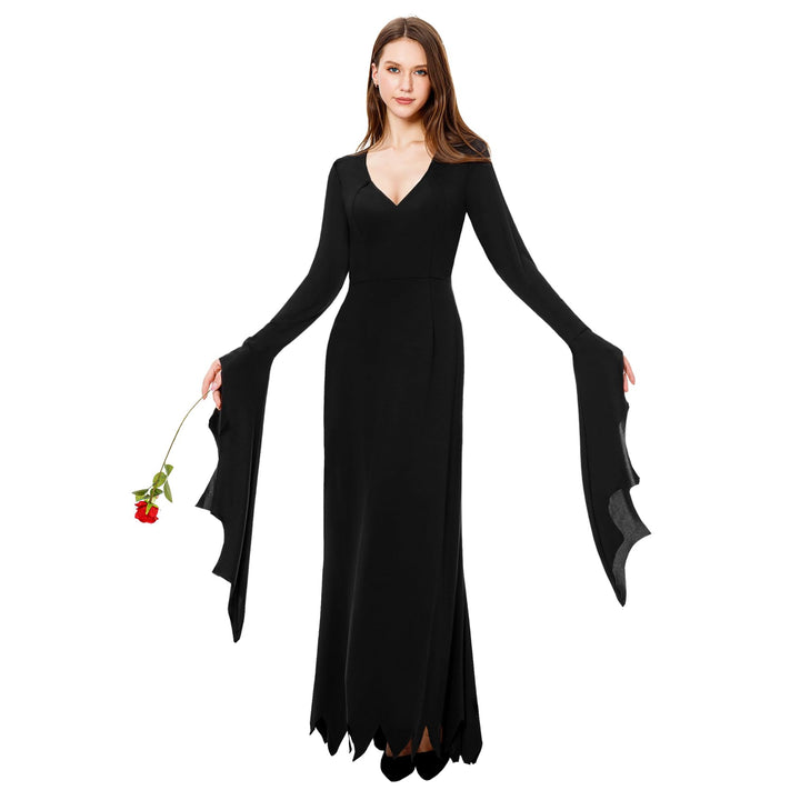 Joykindom Damen Morticia Addams Kostüm Karneval Hexenkleid Gothic Addams Kostüm Schwarz Lange Kleid