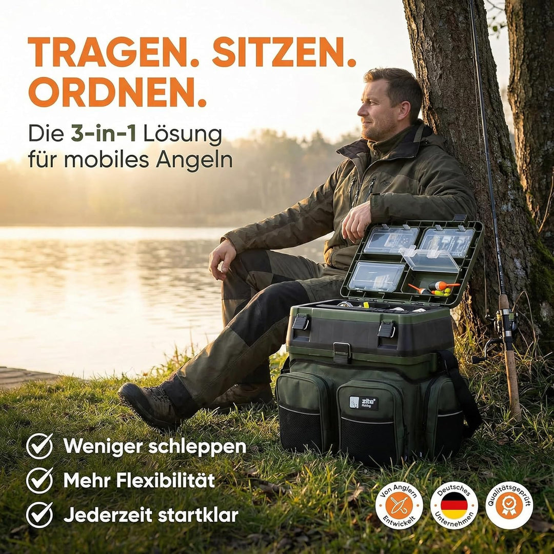 Zite Fishing Multi Angel-Koffer-Rucksack & Sitz-Kiepe in 1 - Inklusive 4 Tackle-Boxen für Angelzubeh