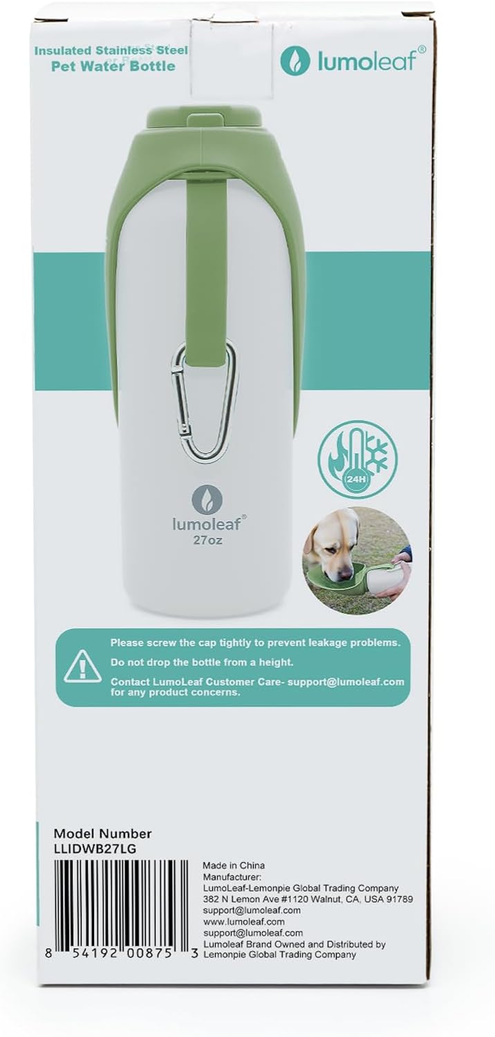 LumoLeaf Isolierte Edelstahl-Wasserflasche für Hunde, 800 ml – Hält Wasser stundenlang kühl oder war