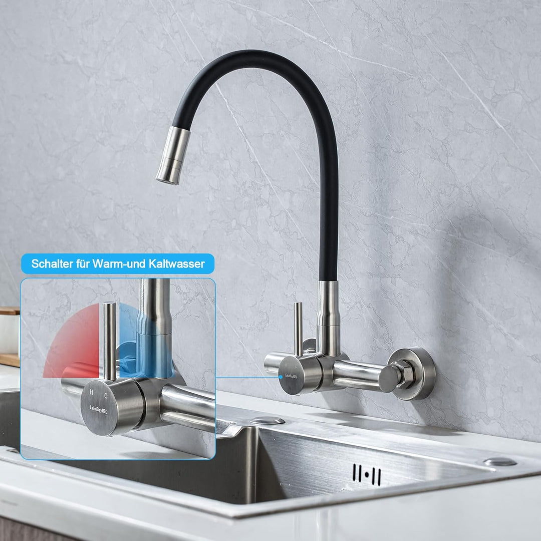 Wasserhahn Küche Wandmontage,Edelstahl Wandarmatur Küche mit 2 Wasserstrahlarten, Küchenamatur mit F