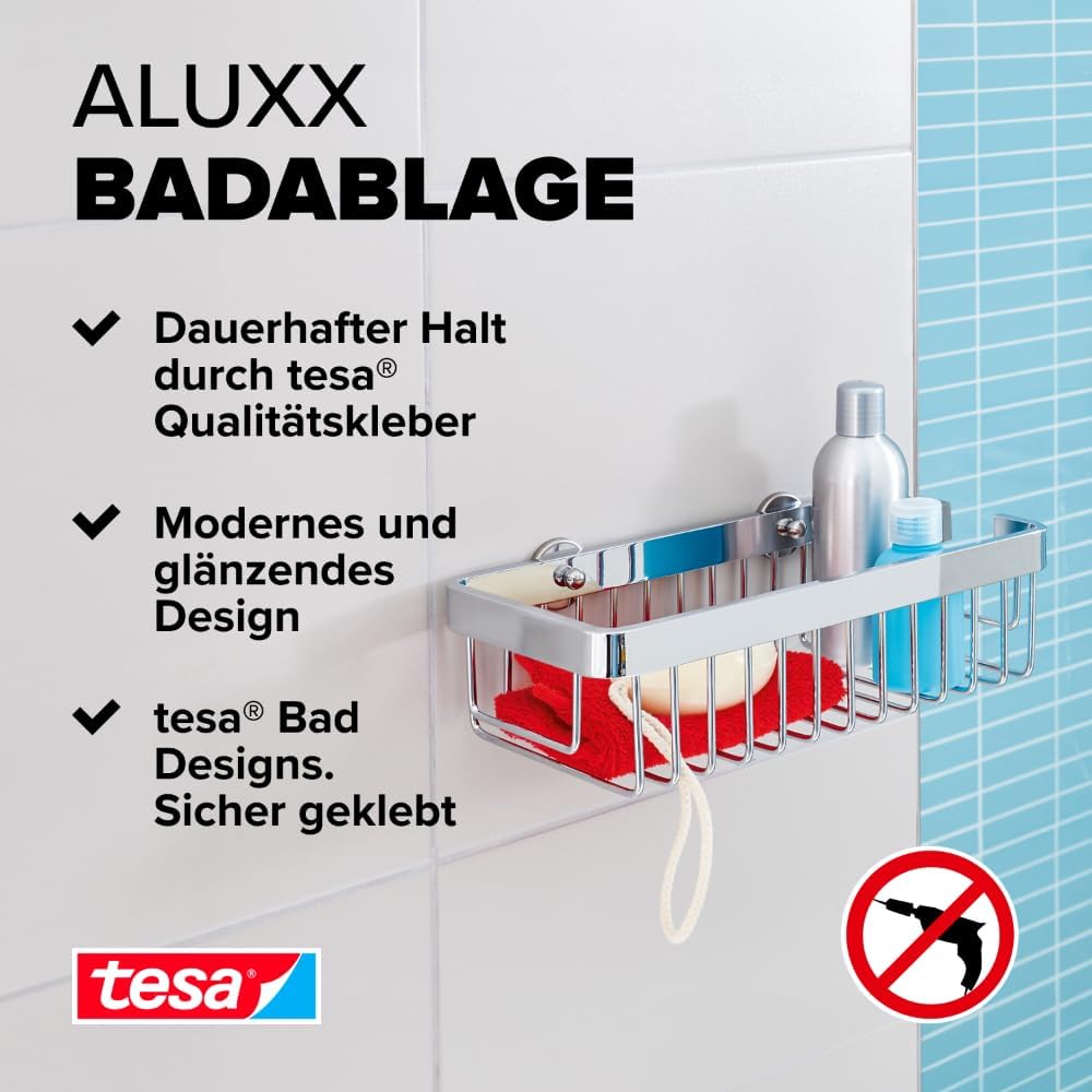tesa ALUXX Badablage, Aluminium, verchromt, garantiert rostfrei, extra tiefer Boden, inkl. Klebelösu