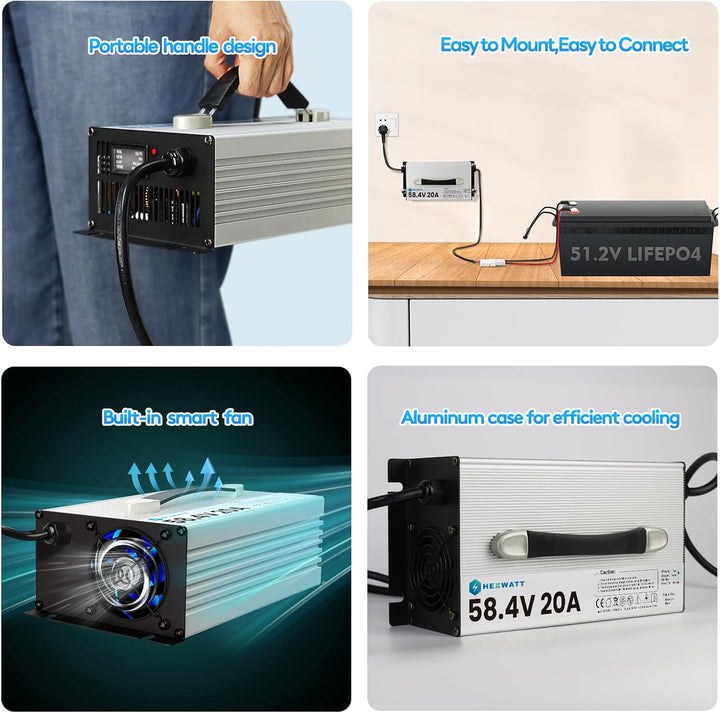 58.4V 20A LiFePO4 Ladegerät für 48 V (51.2 V) LiFePO4 Batterien Smart Batterieladegerät mit LCD/LED