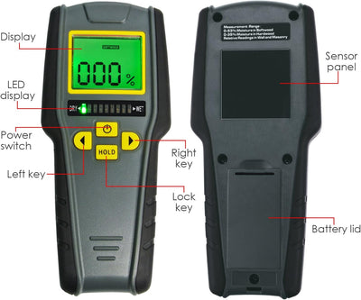 4-in-1 Feuchtigkeitsmesser ohne Pins mit digitaler LCD-Anzeige mit Tricolor Grafik für Trockenbau, M