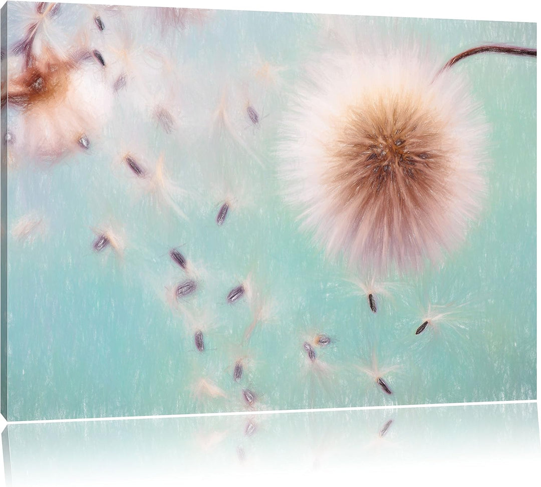 Pixxprint Pusteblumen in Bewegung / 100x70cm Leinwandbild bespannt auf Holzrahmen/Wandbild Kunstdruc