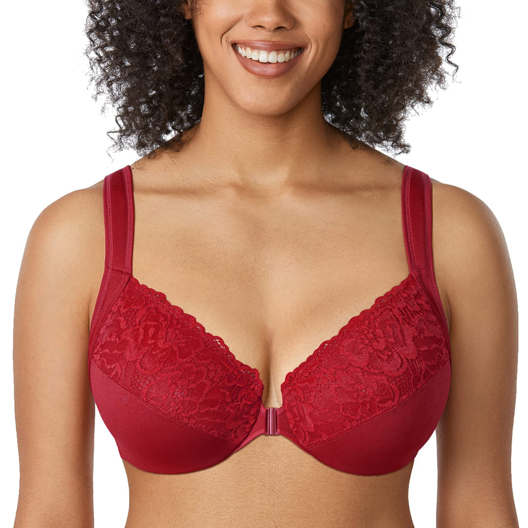 DELIMIRA Damen BH mit Vorderverschluss Bügel Spitzen BHS Grosse Brüste Soft Vollschalen Ungefüttert