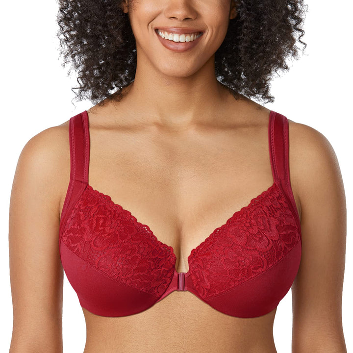 DELIMIRA Damen BH mit Vorderverschluss Bügel Spitzen BHS Grosse Brüste Soft Vollschalen Ungefüttert
