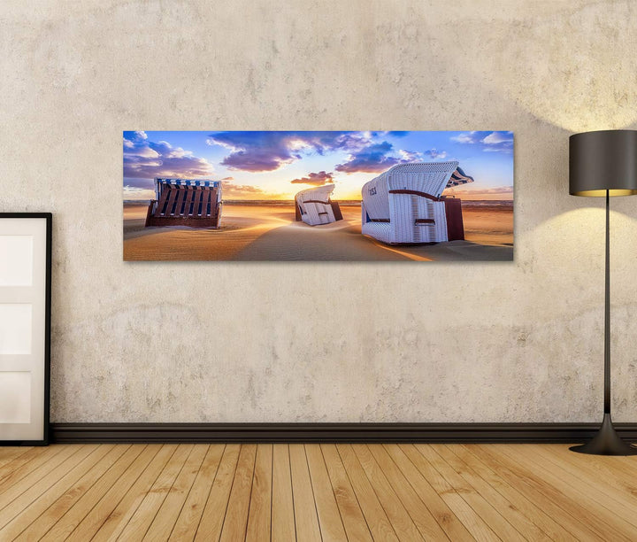 islandburner Bild auf Leinwand Strand Sonnenuntergang Ostsee Strandkörbe Bilder Wandbilder Poster Le
