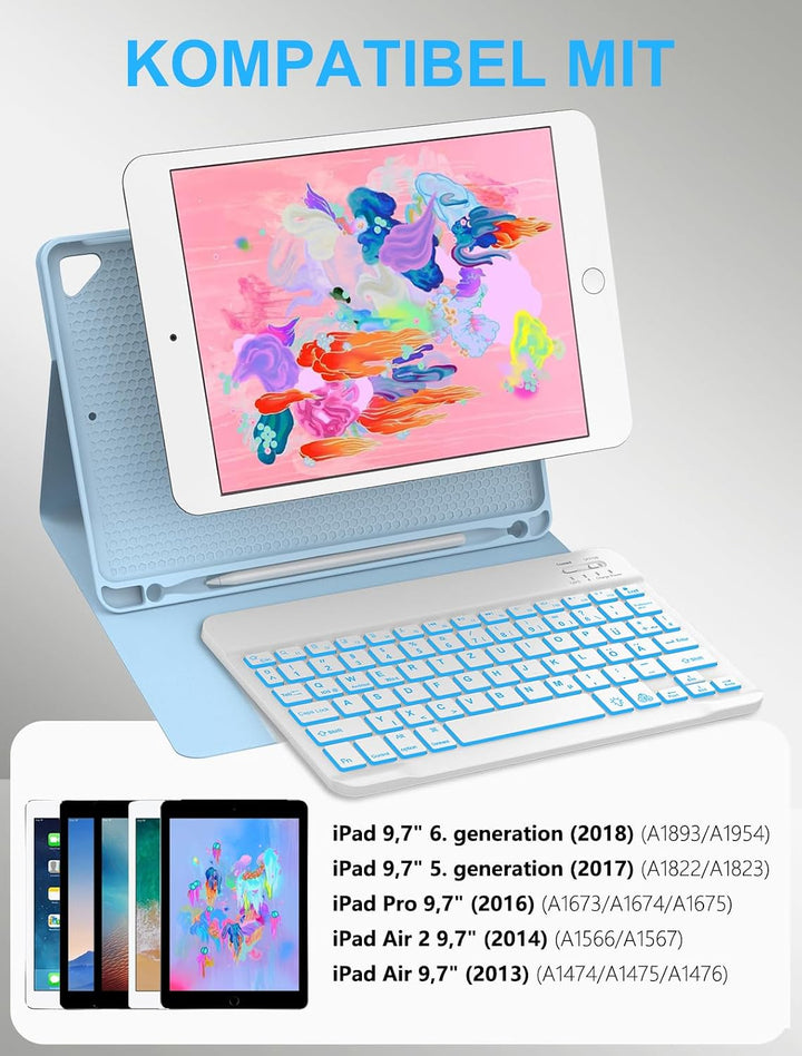 JADEMALL Für iPad Air 2 Tastatur Hülle mit 7-Farben LED, Deutsch QWERTZ Layout, abnehmbare Bluetooth