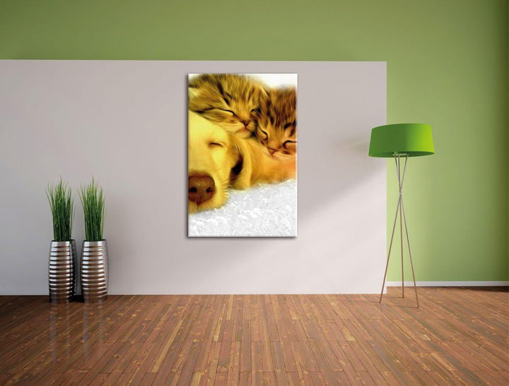 Pixxprint niedlicher Welpe kuschelt mit süssen Kätzchen, Format: 80x120 auf hochkantiges Leinwand, X