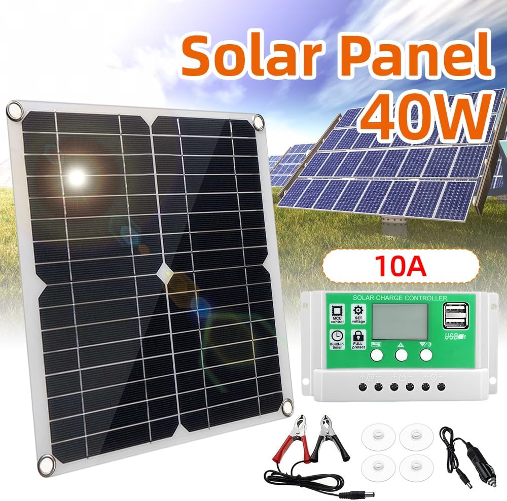 Solarpanel, 20 W, 12 V, monokristallines Solarpanel + Laderegler 10 A PWM + Batterieclips 22 % hohe