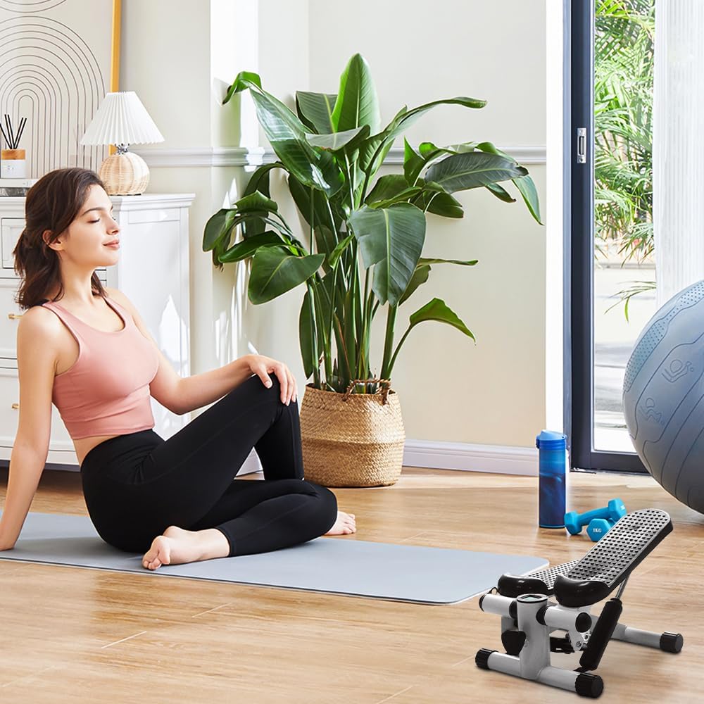 Mini Stepper Fitnessgerät für Zuhause, Hydraulischer Heimtrainer mit Widerstandsbändern & LCD Displa