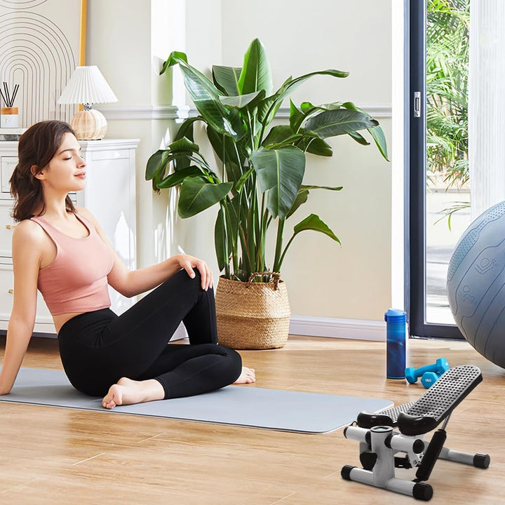 Mini Stepper Fitnessgerät für Zuhause, Hydraulischer Heimtrainer mit Widerstandsbändern & LCD Displa