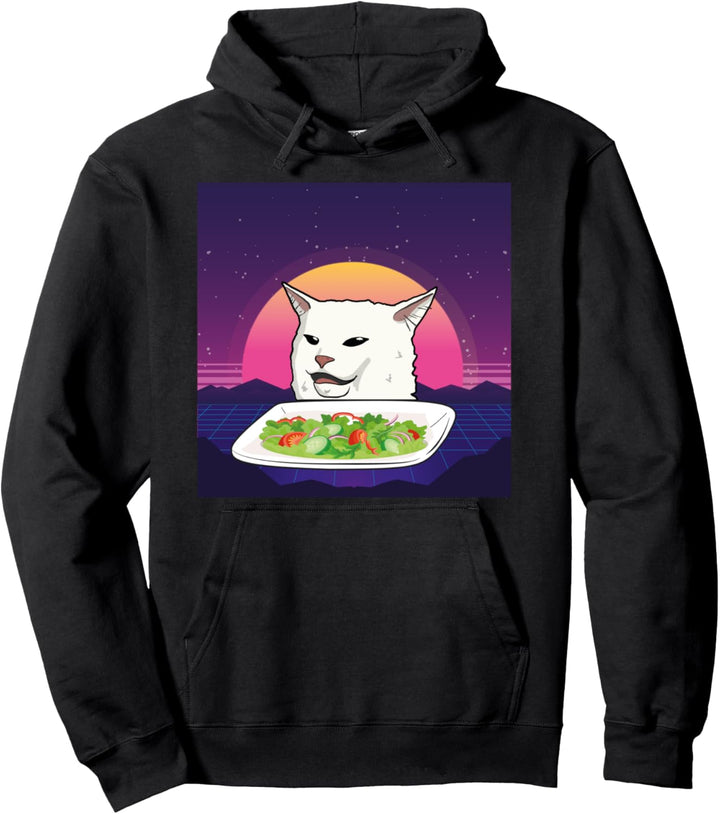 Retro vintage Angry women yelling at confused cat table Pullover Hoodie