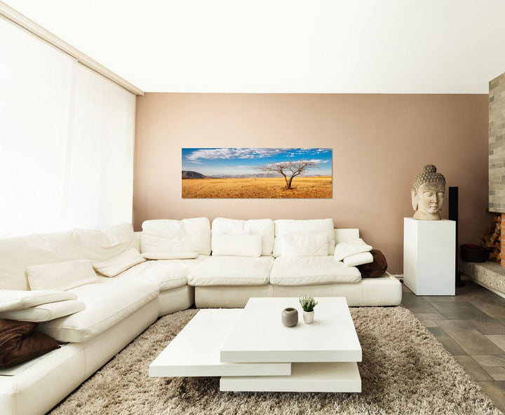 Paul Sinus Art Panoramabild auf Leinwand und Keilrahmen 120x40cm Afrika Steppe Berge Baum Himmel Wol