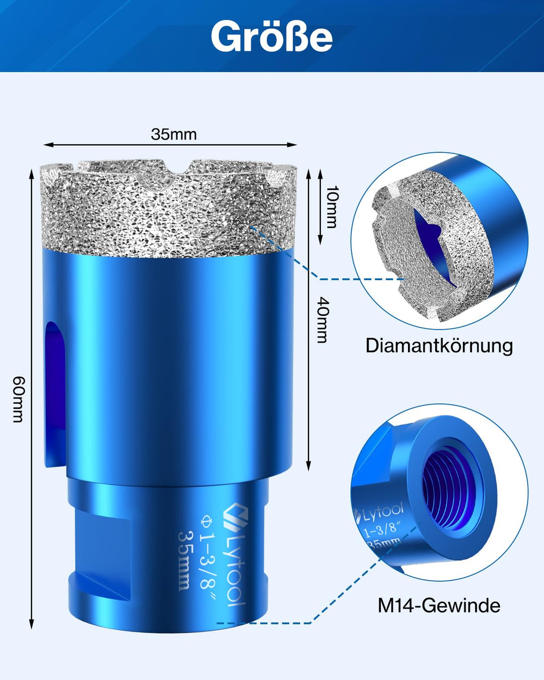 Diamant Fliesenbohrer 35 mm, Lytool Diamantbohrer Lochsäge für M14 Winkelschleifer zum Bohren von Fl