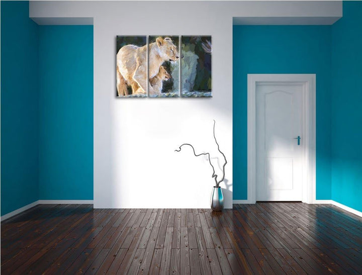 Löwenmutter mit Jungtier Spezial 3-Teiler Leinwandbild 120x80 Bild auf Leinwand, XXL riesige Bilder