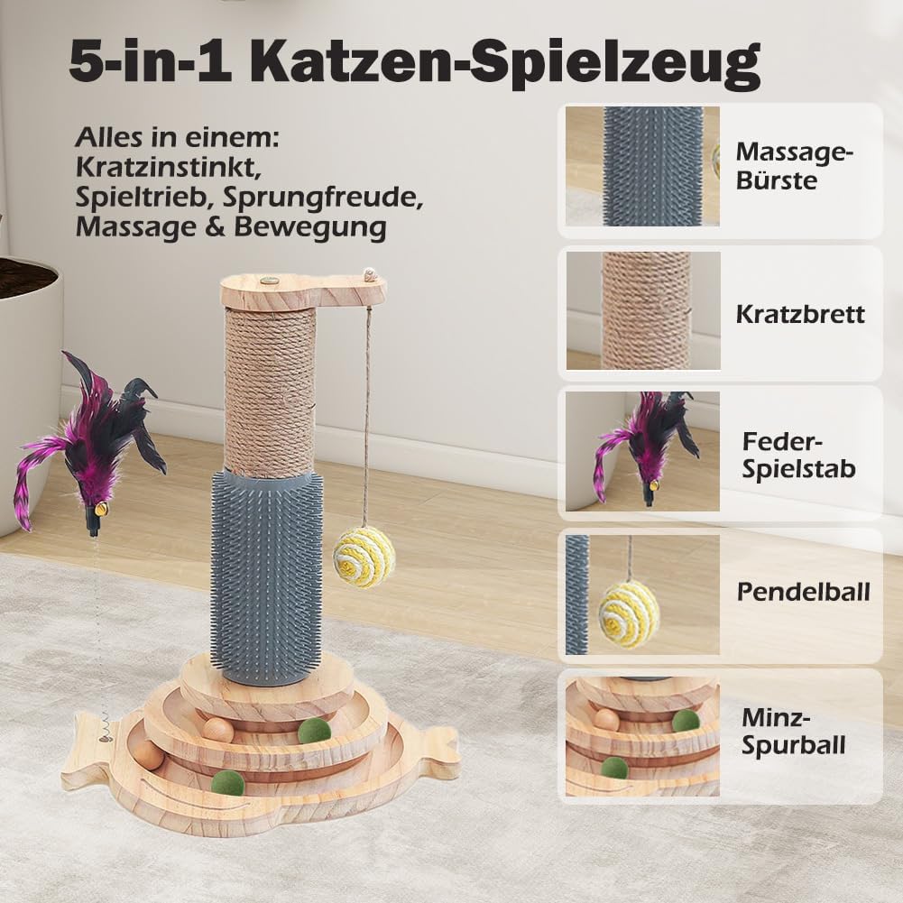 Marchul 5 in 1 Katzenspielzeug, Katze Sisal Seil Massierender Kratzbaum mit hängenden Ball, Interakt
