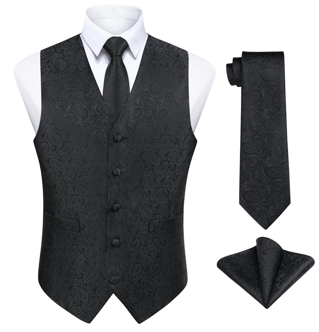 Enlision Herren Paisley Floral Jacquard Weste &amp; Krawatte und Pocket Square Weste Anzug Set XL Schwar
