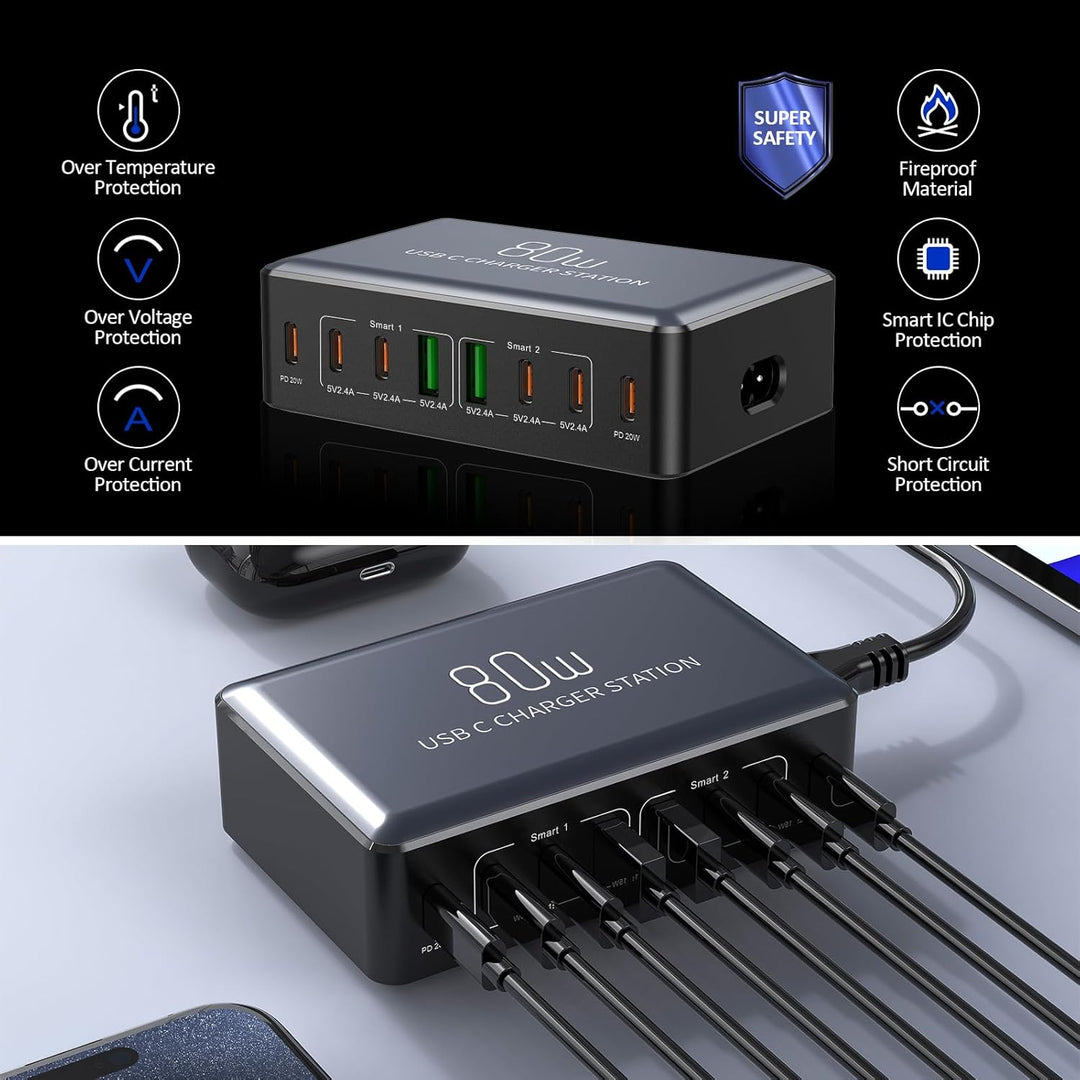 KitBox Mehrfach USB C Ladegerät Handy Schnellladegerät 70W Multi Ladestation mit 6* USB-C und 2* Min