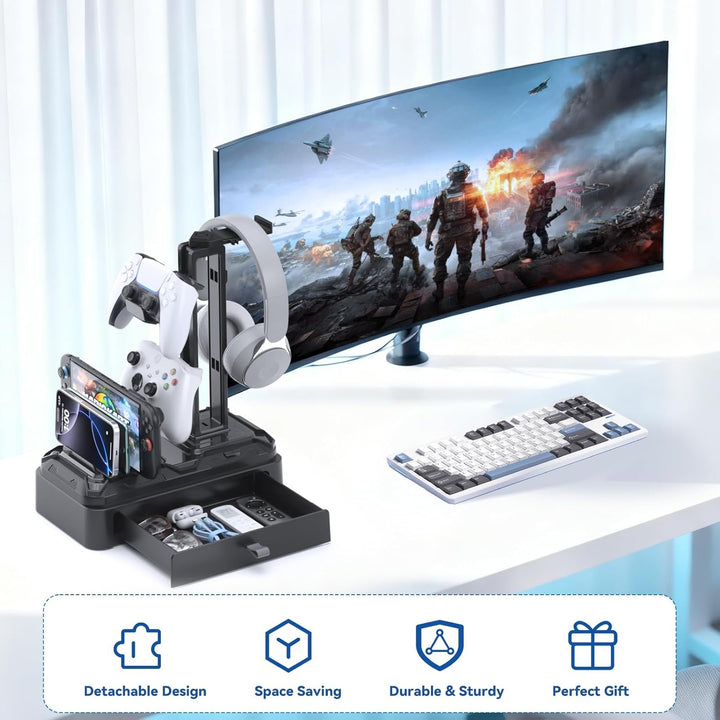KDD Kopfhörer Ständer Gaming mit Schublade - Drehbare Headset Halterung Tisch & Controller Halter PS