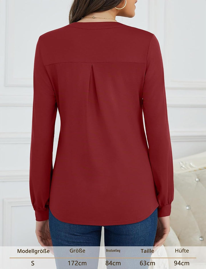 Beluring Langarmshirt Damen Elegant V Ausschnitt Tunika Bluse Einfarbig T-Shirt, S Weinrot
