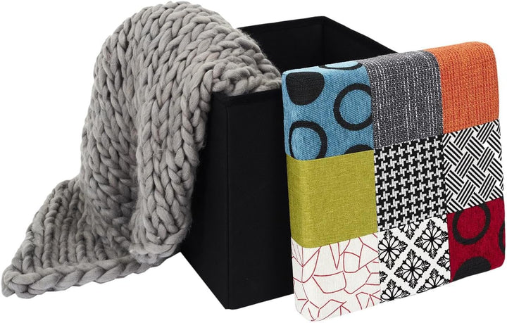 Home Deco Factory HD6506 Hocker mit Aufbewahrungsbox, zusammenlegbar, Patchwork-Design, zum Sitzen,