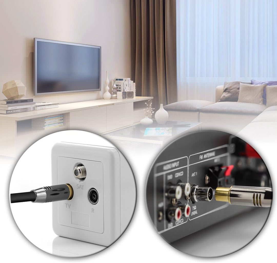 deleyCON 10m TV Antennenkabel Koaxialkabel TV Kabel HDTV FULL HD - TV-Stecker zu TV-Buchse - Metalls