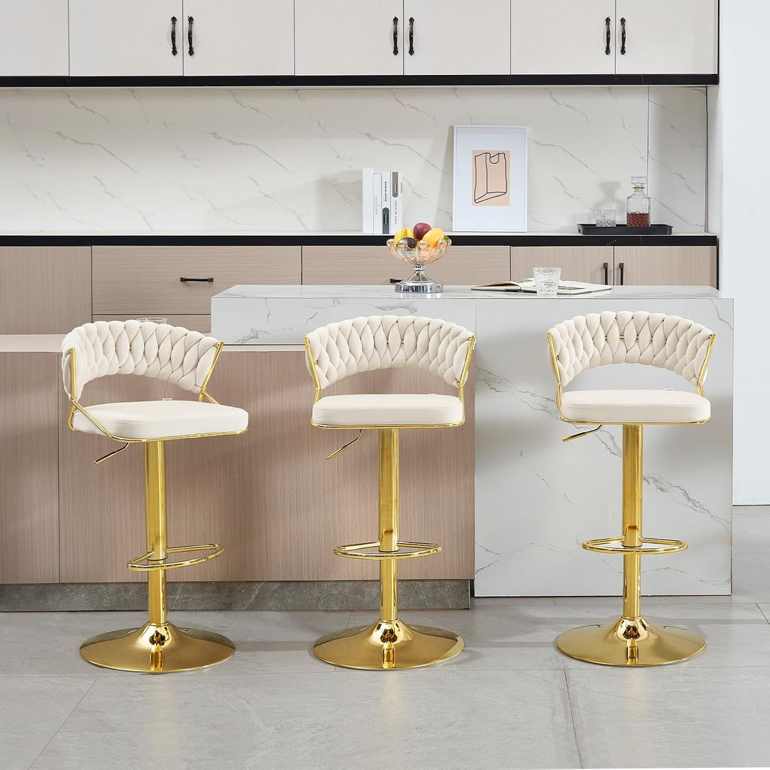 WOLTU Barhocker 2er Set, mit geflochtener Rückenlehne, Samthocker, Creme | Barstuhl 360° drehbar, hö