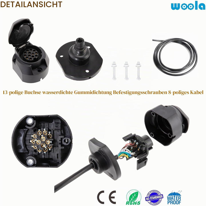 Woola 12V Anhänger Steckdose Kabelsatz für Anhänger 13 Polig mit Universal Anhängerkabel Vorverkabel
