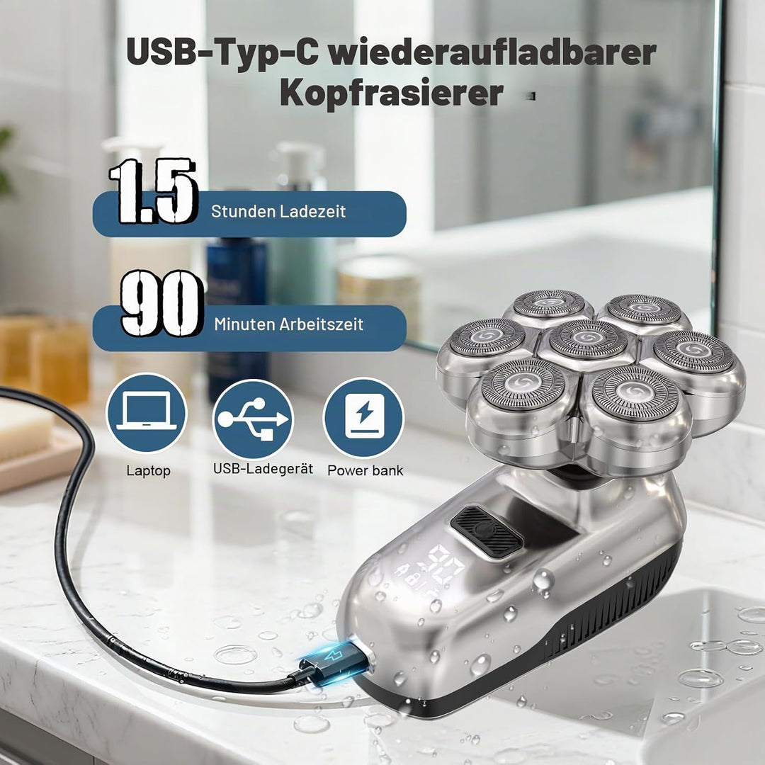 Elektrisch Glatzen Rasierer Herren Kopfrasierer: 5 in 1 7D Rotationsrasierer Rasiermesser Wasserdich