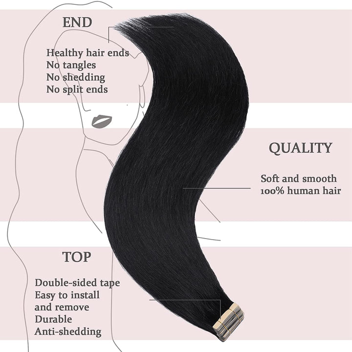HotLulana Tape Extensions Echthaar 40stück 80g Jet Schwarz Skin Weft Extensions echthaar 100% Natürl