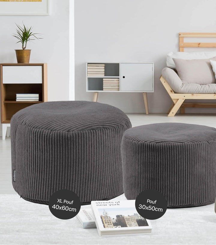 mokebo® Pouf, Hocker o. Sitzhocker aus Cord 40x60 cm 'Der Faule Lenz', Bodenkissen rund Anthrazit, F