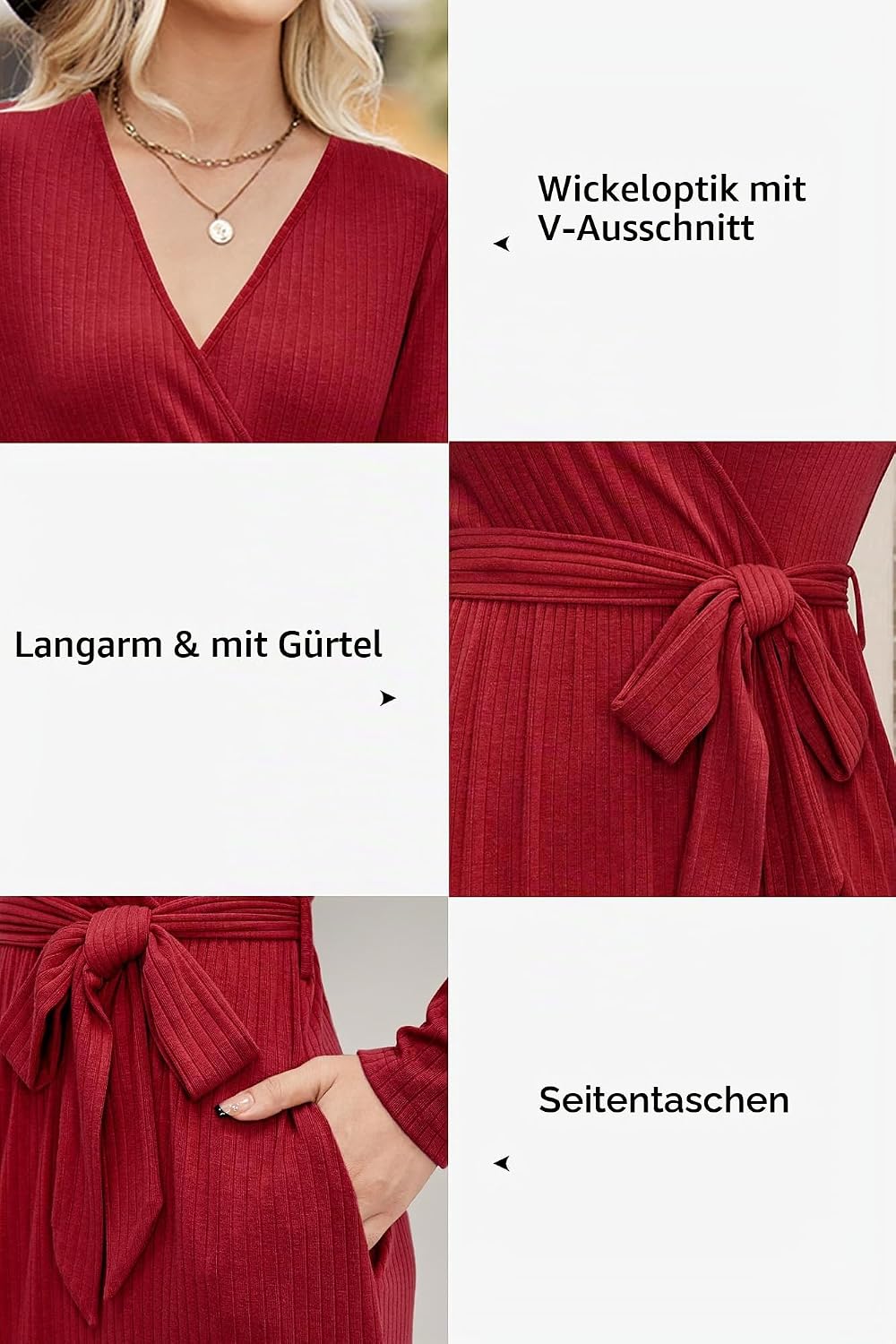 Newshows Strickkleid Damen Herbstkleid V Ausschnitt Pulloverkleid Winterkleid Kleid mit Taschen für
