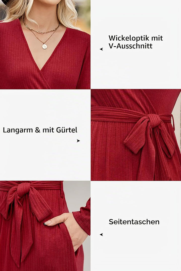 Newshows Strickkleid Damen Herbstkleid V Ausschnitt Pulloverkleid Winterkleid Kleid mit Taschen für
