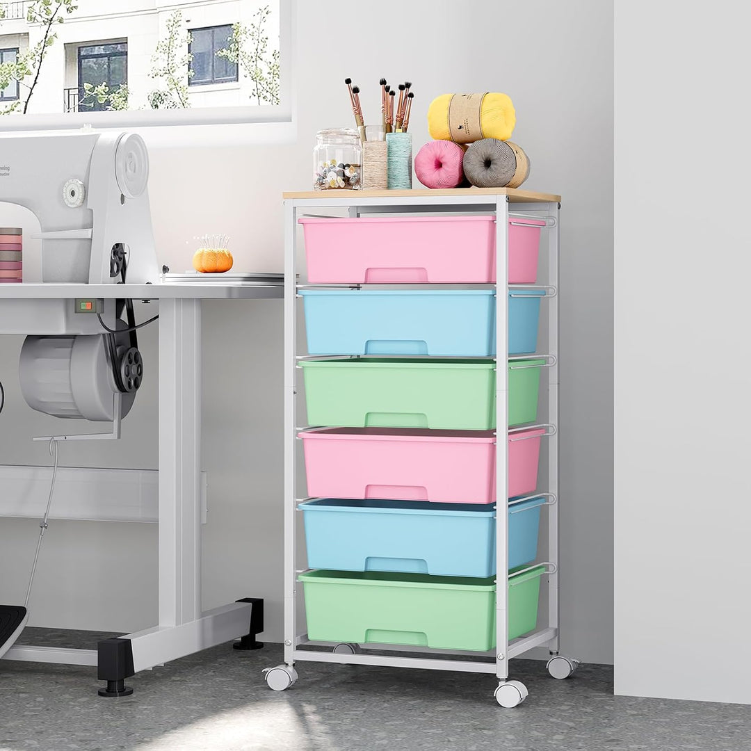 6-Schubladen-Rollwagen mit Holzplatte - Starker Rollcontainer Mehrfarbig Multicolor, Multicolor