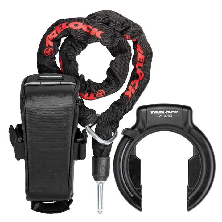 TRELOCK Rahmenschloss RS 480 AZ + Einsteckkette ZR 355 100/6 mit Satteltasche – 70,7 mm breite Öffnu