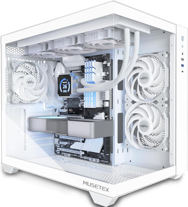 MUSETEX PC Gehäuse ATX,360MM Rad-Unterstützung, Typ-C Gaming PC Gehäuse, 270° Full View Tempered Gla