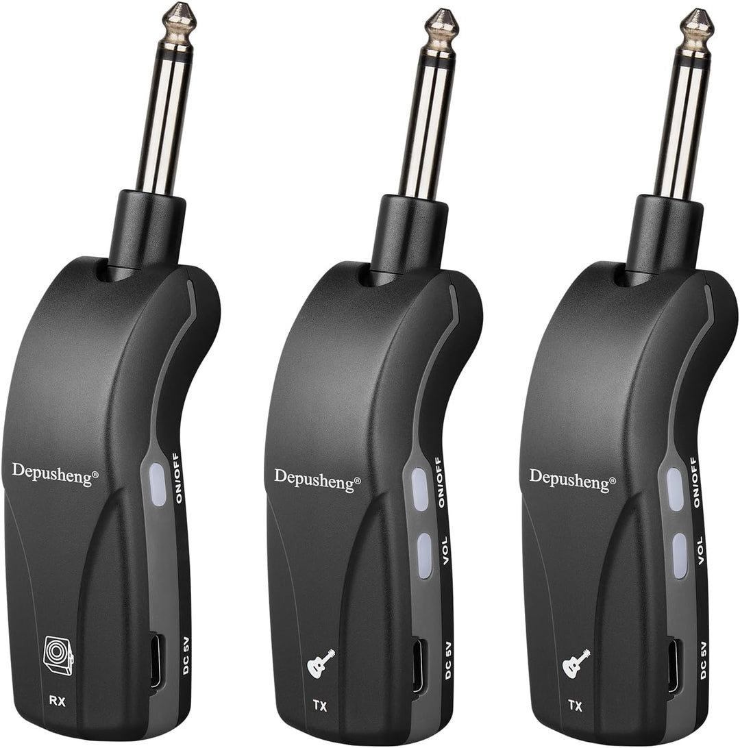Depusheng GT1 2,4 GHz Drahtloses Gitarrensystem, Stummschalt-Stecker, Empfanger + 2 Sender, 10h Akku