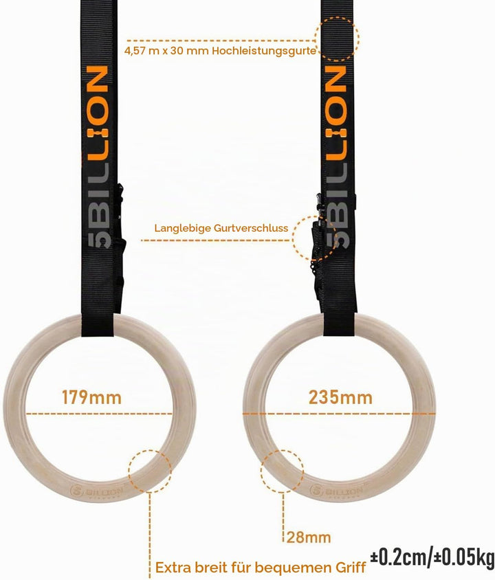 5BILLION Turnringe Holz Gymnastikringe Ringe Turnen für Fitness mit Hochfeste Nylon Gurtbänder mit S