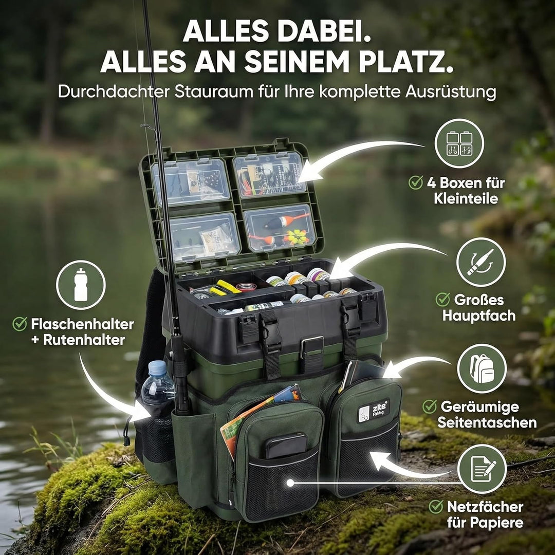 Zite Fishing Multi Angel-Koffer-Rucksack & Sitz-Kiepe in 1 - Inklusive 4 Tackle-Boxen für Angelzubeh