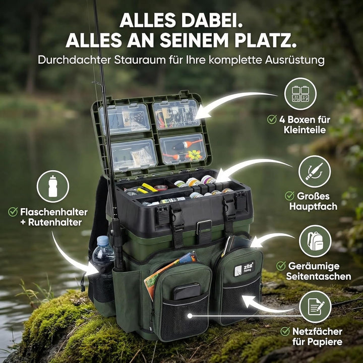 Zite Fishing Multi Angel-Koffer-Rucksack & Sitz-Kiepe in 1 - Inklusive 4 Tackle-Boxen für Angelzubeh