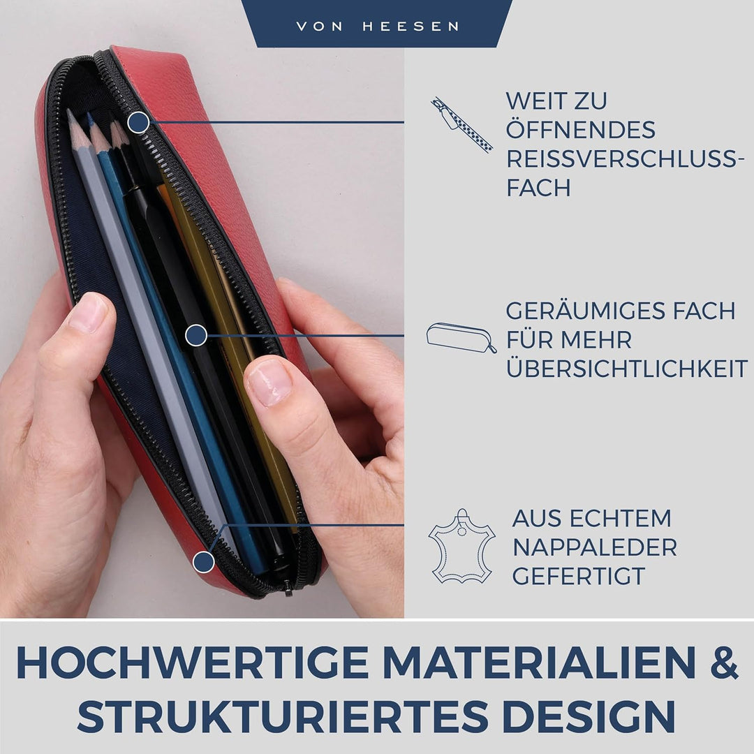 VON HEESEN® Echtleder Federmäppchen Leder Federmappe Etui für Stifte Mäppchen Schule Federtasche Uni