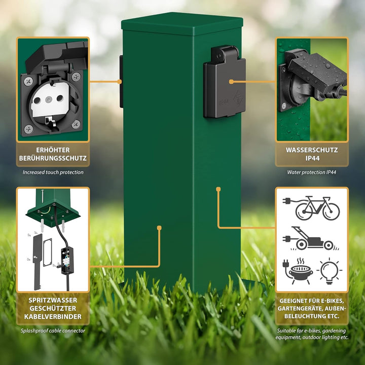 ledscom.de 2X Garten-Steckdosen-Säule Polly mit Erdspiess für aussen, IP44, 2-Fach, grün, eckig, 27c