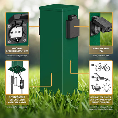 ledscom.de 2X Garten-Steckdosen-Säule Polly mit Erdspiess für aussen, IP44, 2-Fach, grün, eckig, 27c