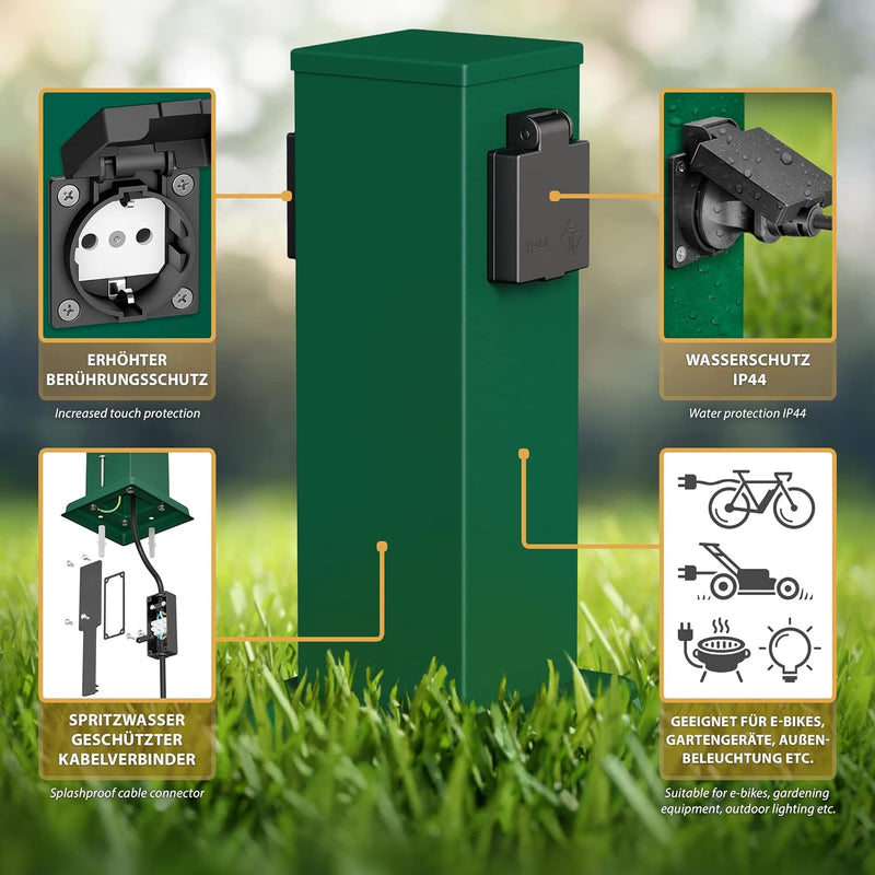 ledscom.de 2X Garten-Steckdosen-Säule Polly mit Erdspiess für aussen, IP44, 2-Fach, grün, eckig, 27c